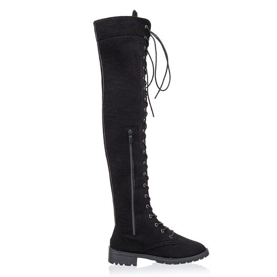 Damen Overkneestiefel aus weichem Wildleder mit dekorativem Schnür-Design EB