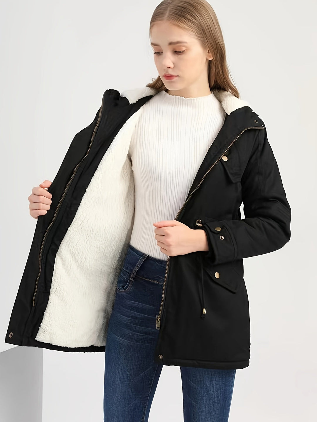 EB | Schwarze Winterjacke mit Kapuze für Damen Ideal für Herbst Winter