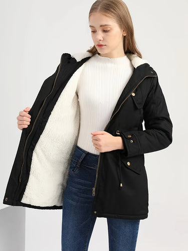 EB | Schwarze Winterjacke mit Kapuze für Damen Ideal für Herbst Winter