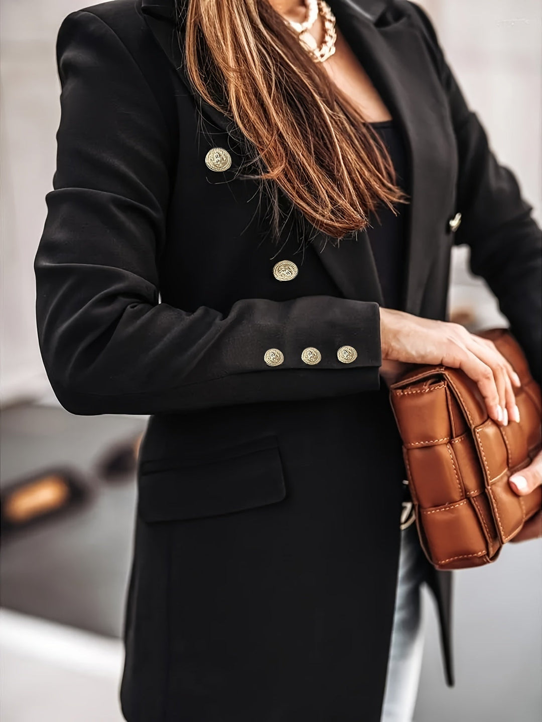 EB | Lange Elegante Damenblazer Mit Doppelter Knopfleiste