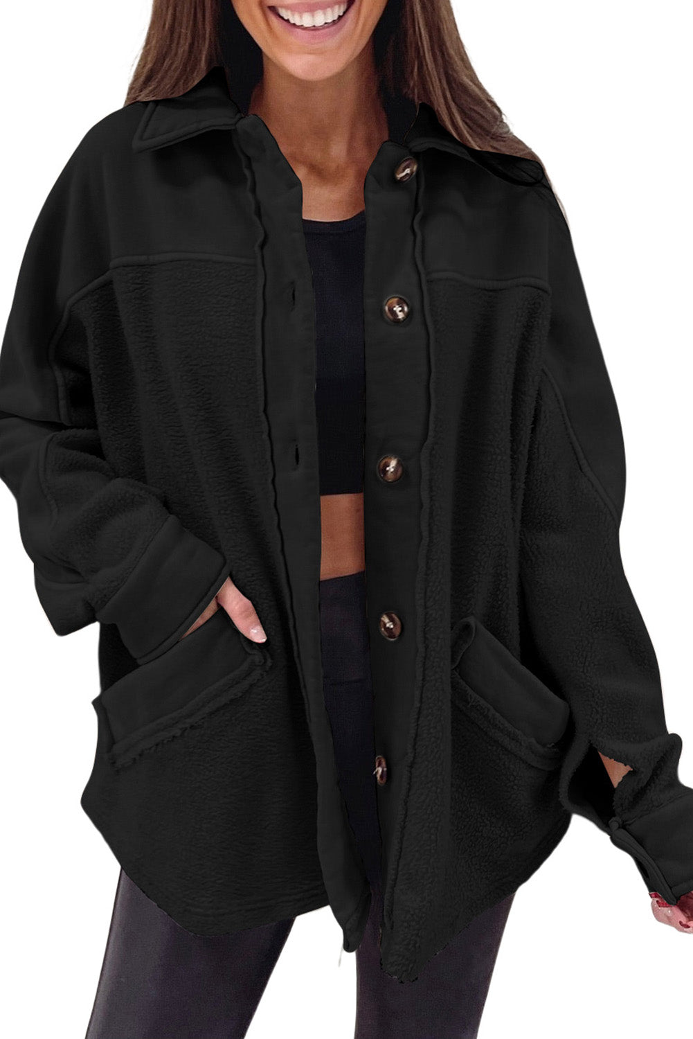 EB | Weiche Fleecejacke mit Großen Knöpfen Polyester Komfort und Warmer Stil