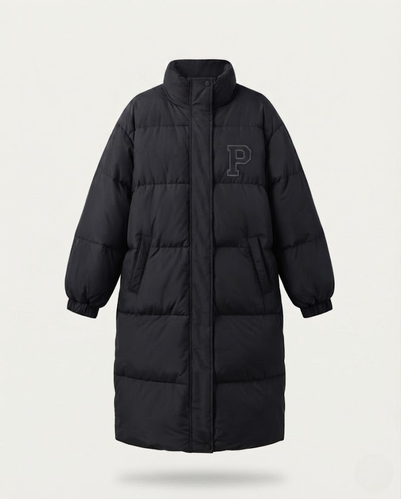 Damen nan langer boxiger Thermo-Puffer mit hohem Stehkragen, College-Patch und geräuscharmer Außenhülle EB