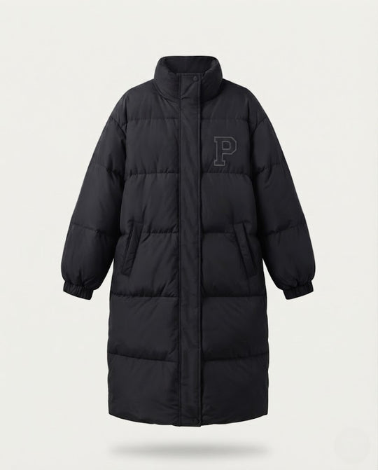 Damen nan langer boxiger Thermo-Puffer mit hohem Stehkragen, College-Patch und geräuscharmer Außenhülle EB