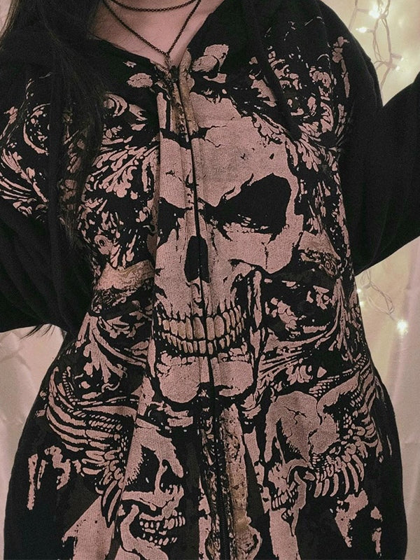 EB | Vintage Schädelprint Oversized Hoodie mit Reißverschluss