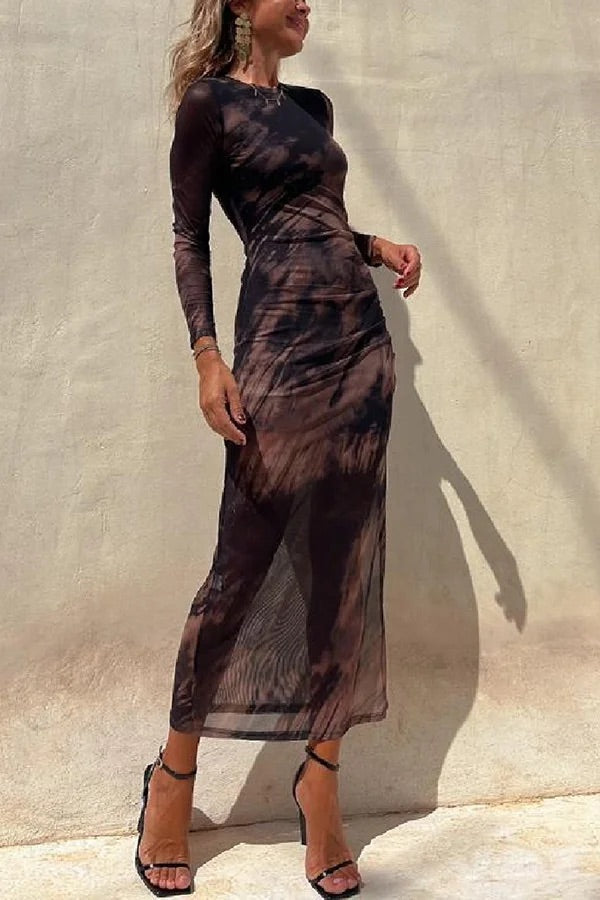 EB | Charm Lady Mesh Overlay Tie Dye Print Langarm Rüsch Stretch Midi Kleid