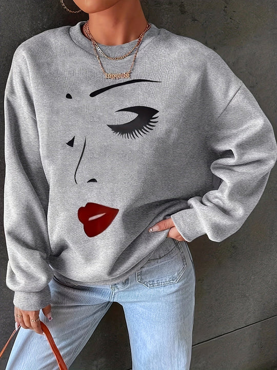 EB | Sweatshirt mit Gesichtsdruck Baumwolle Künstlerisch und Bequem