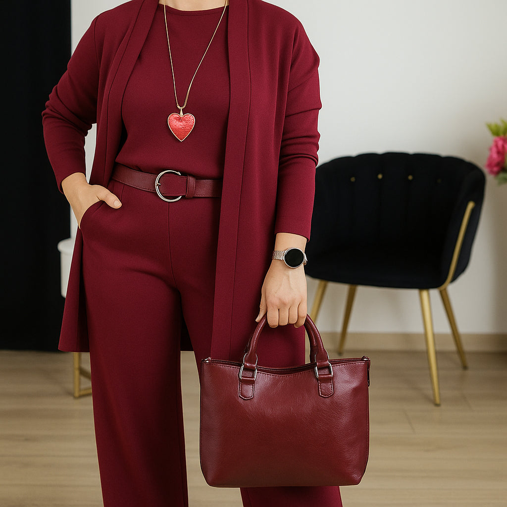 EB | Stylisches 3-Teilige Set Bestehend Aus Einem Langen Cardigan, Top und Hose