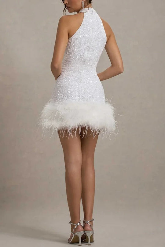 EB | Strahlendes und Verspielt Pailletten Hochkragen Federbesatz Stretch Mini Kleid