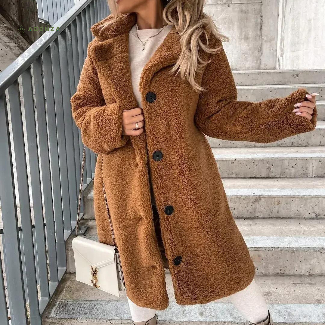 EB | Teddy-Mantel Langer Oversized-Schnitt Weich und Warm Druckknopfverschluss und Breiter Kragen