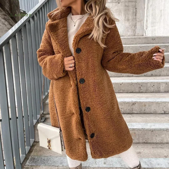 EB | Teddy-Mantel Langer Oversized-Schnitt Weich und Warm Druckknopfverschluss und Breiter Kragen