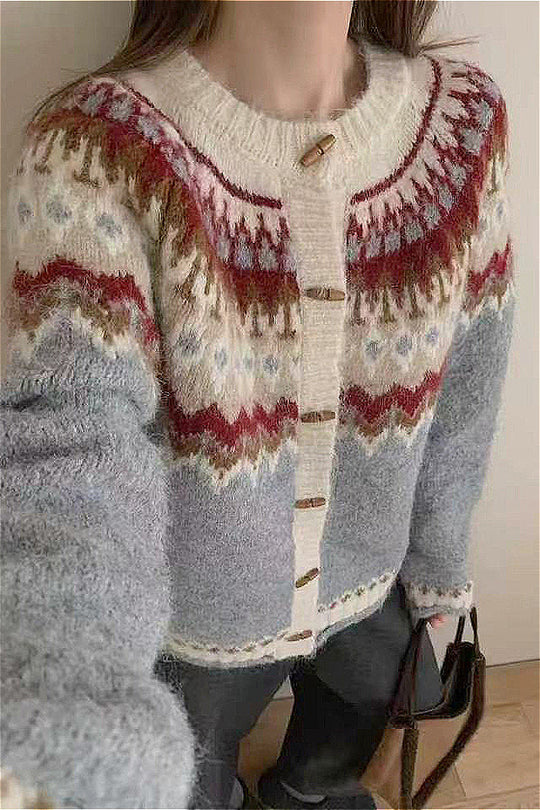 EB | Rundhals Fair Isle Weihnachten Hornknopf Strickjacke