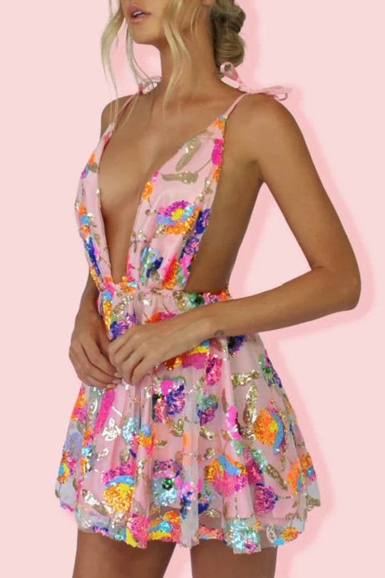 EB | V-Ausschnitt Offene Rücken Pailletten Blumen Binde A-Linie Mini Kleid