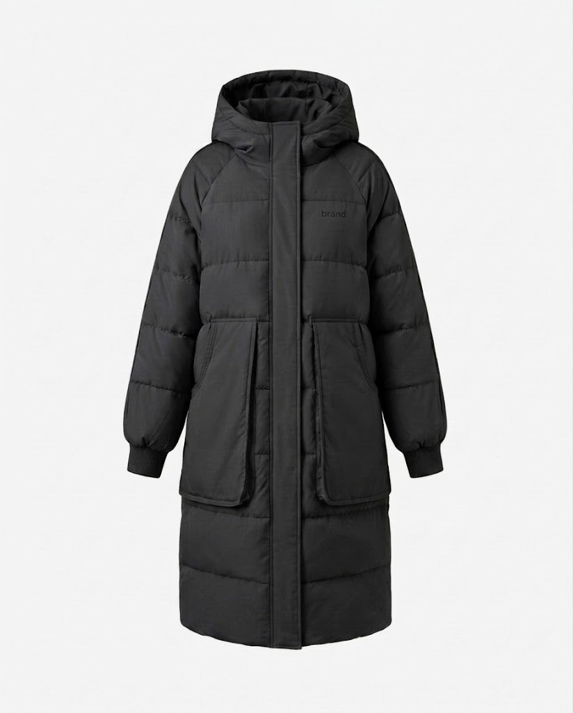 Damen nan langer wattierter Kapuzenmantel mit oversized Pattentaschen, elastischen Bündchen und verdecktem Zweiwege-Reißverschluss EB