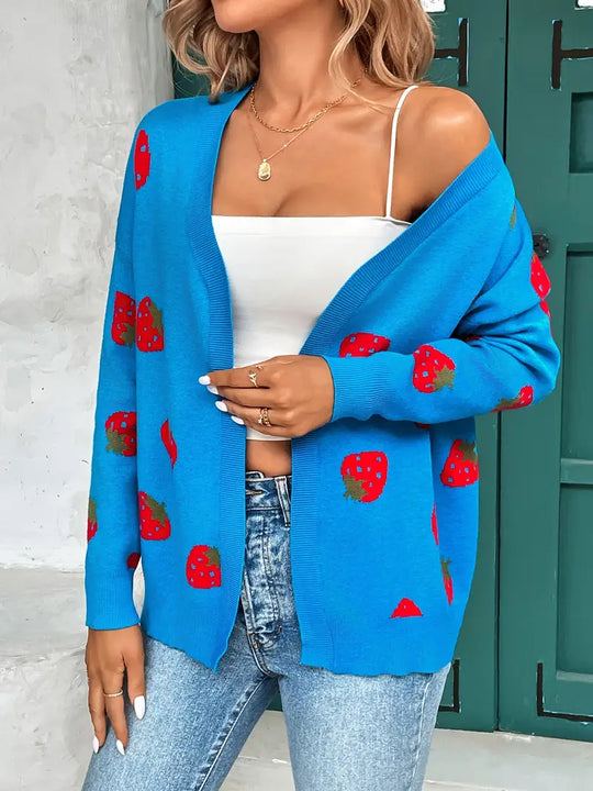 EB | Strickjacke Übergröße Passform Gestrickte Textur Hüftlänge Verspieltes Muster