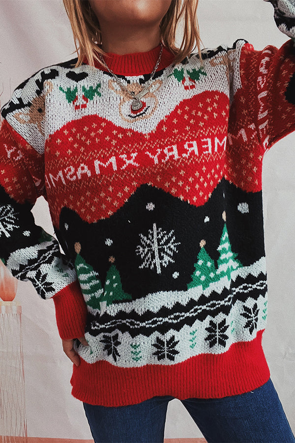 EB | Weihnachtsmuster Gestrickter Rundhalsausschnitt Langarmpullover