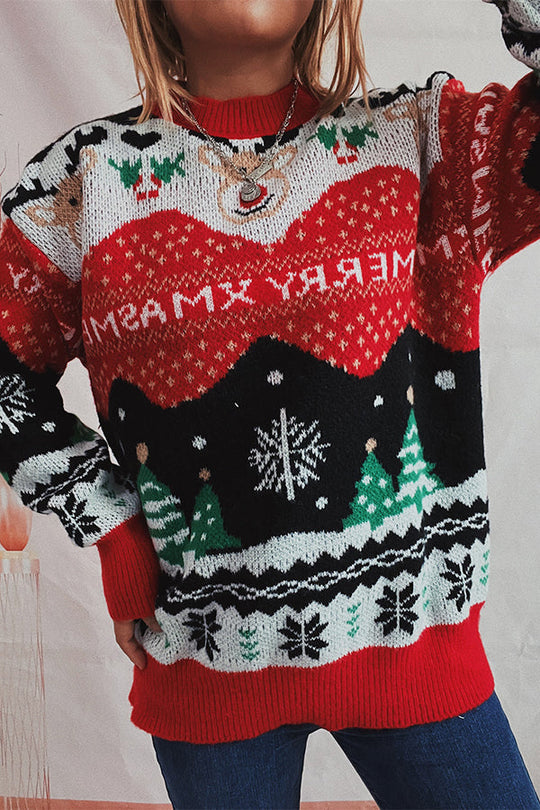 EB | Weihnachtsmuster Gestrickter Rundhalsausschnitt Langarmpullover
