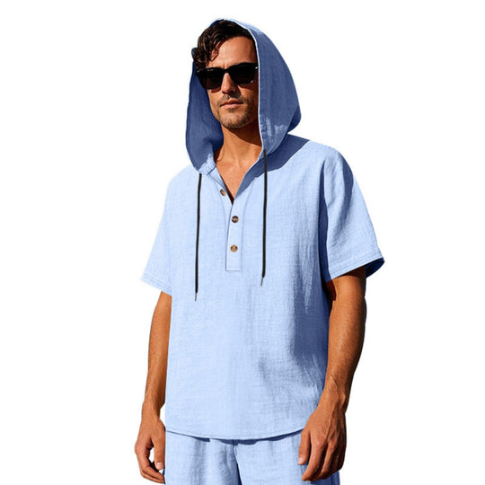 EB | Leinen-Knopf-Strand-Kapuzen-Henley-Shirt