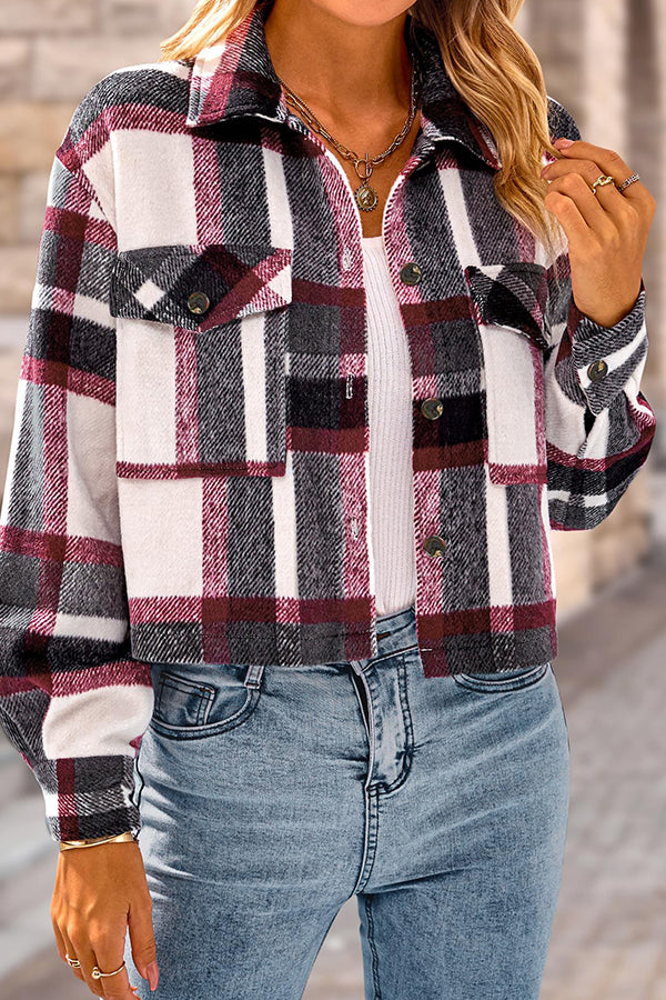 EB | Pocket Fashion Casual Cropped Damen Karierte Jacke