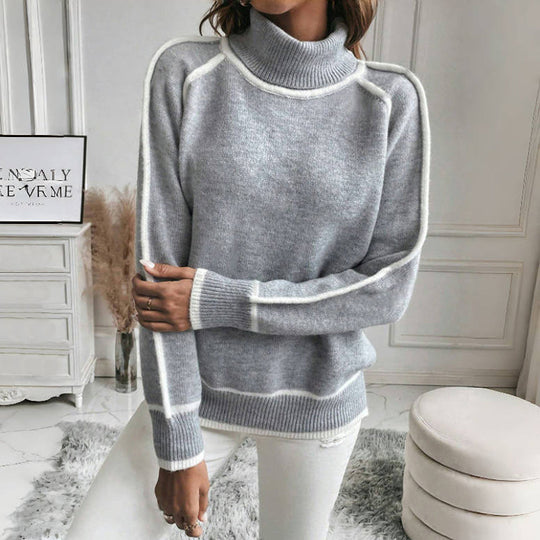 EB | Strickpullover mit Hohem Kragen Kontrastkanten Warm und Modern