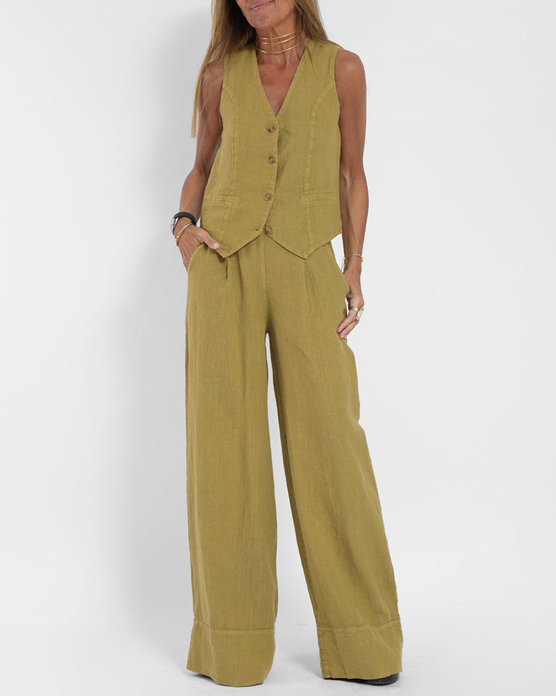 EB | Elegantes 2-Teiliges Set Leinen Weite Hose & Weste