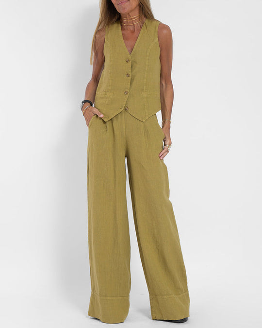 EB | Elegantes 2-Teiliges Set Leinen Weite Hose & Weste