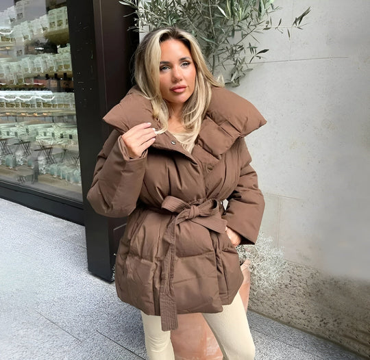 EB | Gürtelte Pufferjacke Übergröße Kragen Wintermantel