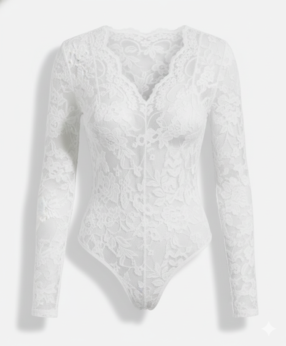 Damen Spitzenbody Langarm V-Ausschnitt | EB