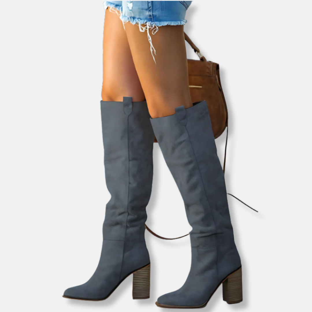 EB | Knöchelhohe Stiefel - Wildlederähnliches Textil - Chunky Blockabsatz - Spitz Zulaufende Zehen