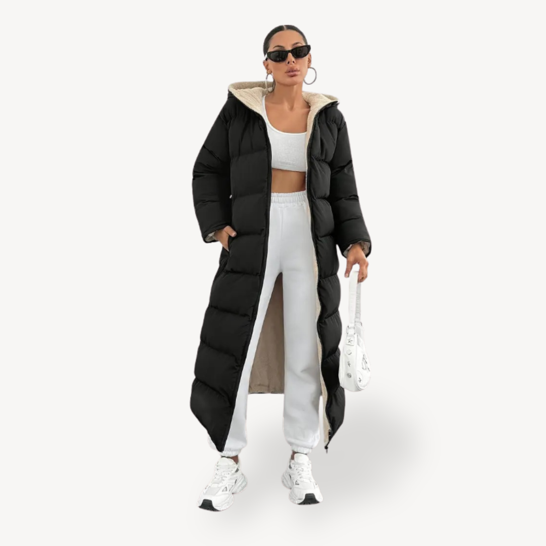 EB | Damen Schwarze Kapuzen-Puffermantel