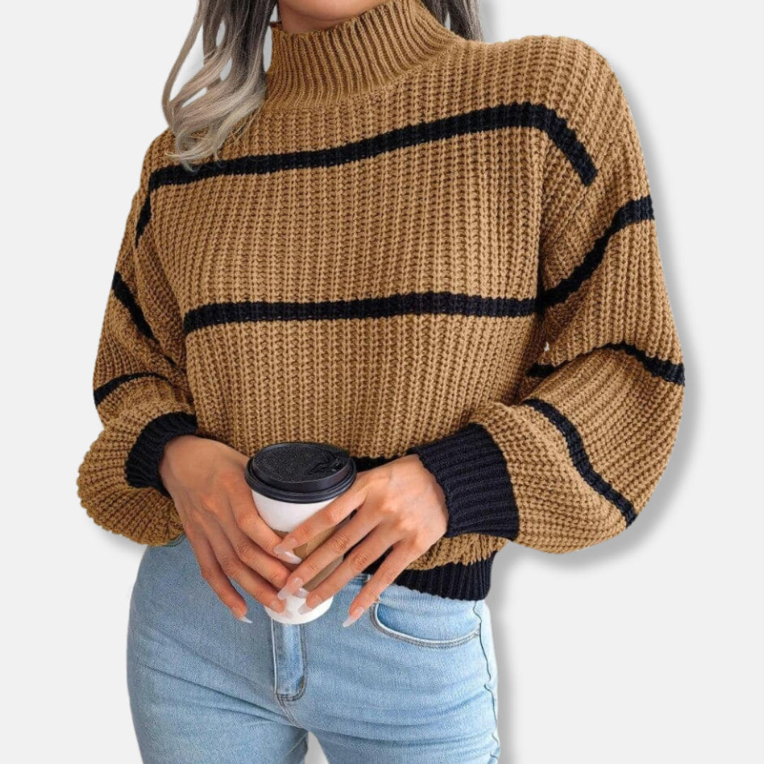 EB | Strickpullover Weicher Gerippter Rollkragen Lockere Passform Klassische Streifen