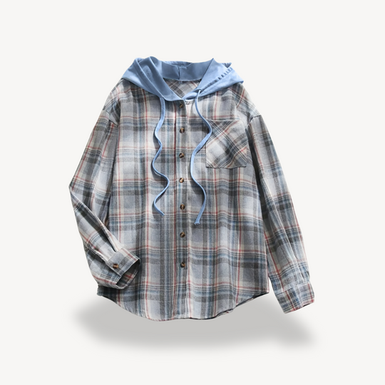 EB | Damen Karierte Button-Down Hemdjacke mit Kapuze