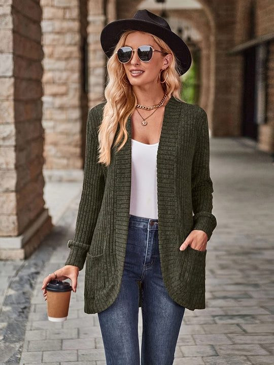 EB | Damen Gerippter Offener Vorderseite Strickjacke Lange Ärmeln Lässig Strickpullover mit Taschen