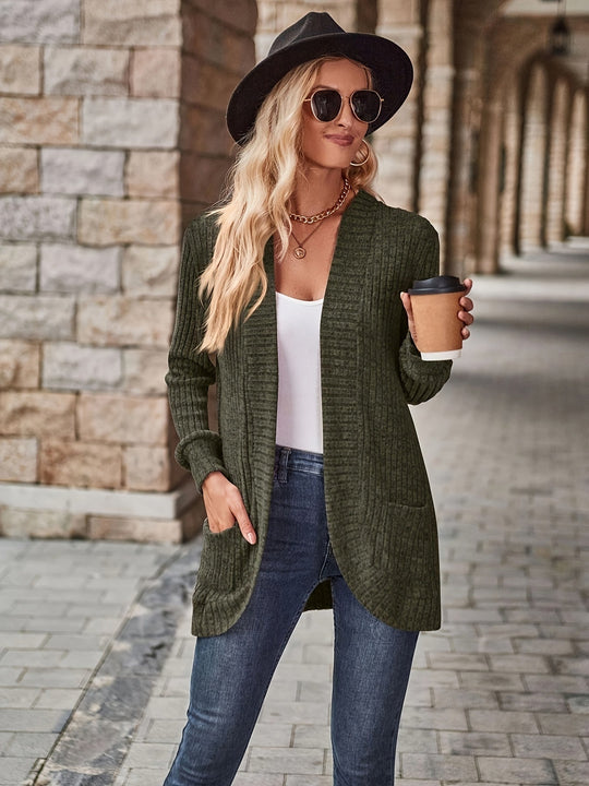 EB | Damen Gerippter Offener Vorderseite Strickjacke Lange Ärmeln Lässig Strickpullover mit Taschen