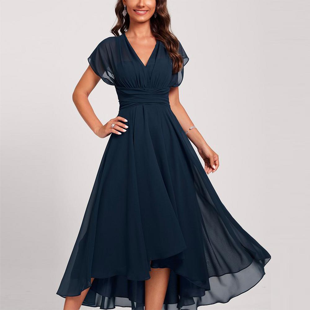 EB | Blaue Midi-Kleid mit Kurzen Ärmeln und Gekrümmter Taille
