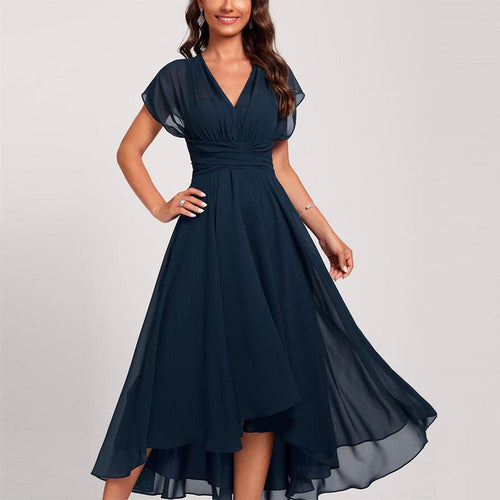 EB | Blaue Midi-Kleid mit Kurzen Ärmeln und Gekrümmter Taille