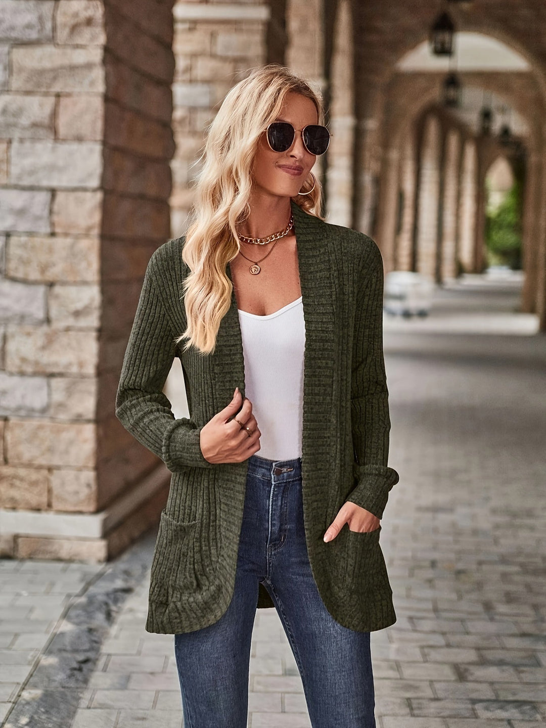 EB | Damen Gerippter Offener Vorderseite Strickjacke Lange Ärmeln Lässig Strickpullover mit Taschen