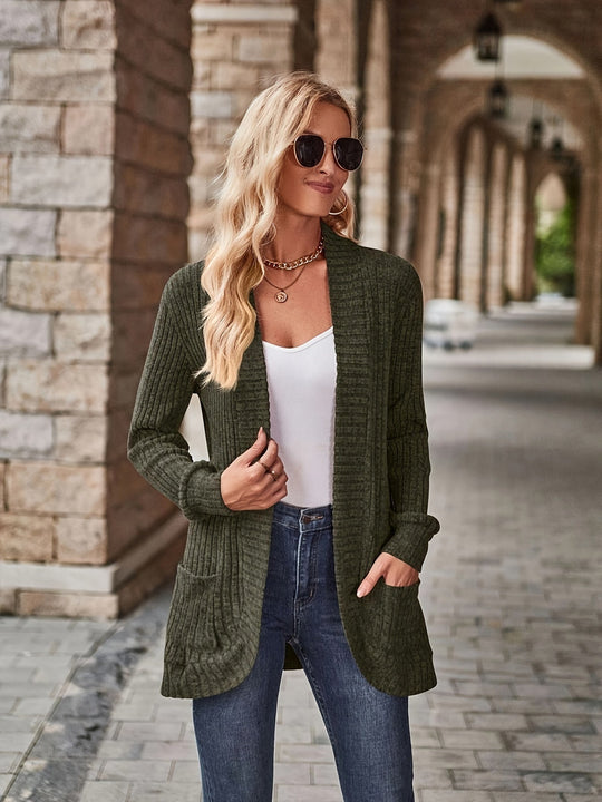 EB | Damen Gerippter Offener Vorderseite Strickjacke Lange Ärmeln Lässig Strickpullover mit Taschen