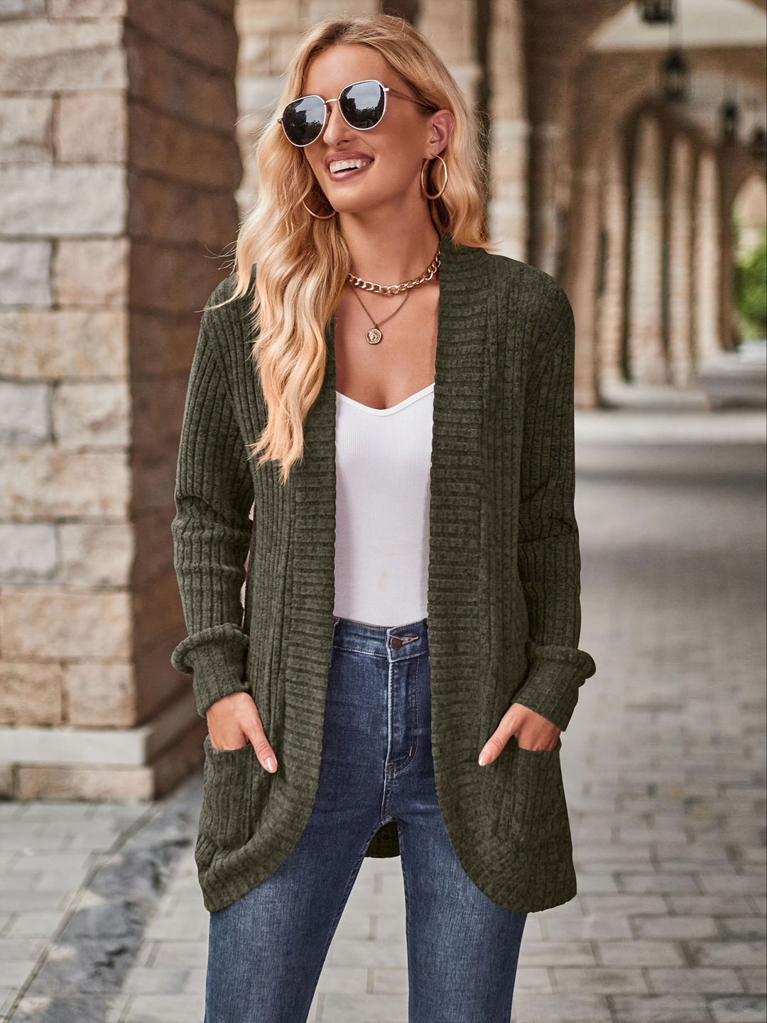 EB | Damen Gerippter Offener Vorderseite Strickjacke Lange Ärmeln Lässig Strickpullover mit Taschen
