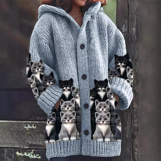 EB | Gemütlicher Gestrickter Katze Druck Cardigan