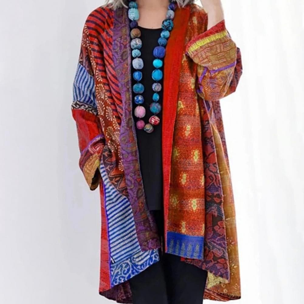 EB | Kimono-Jacke - Bohemian-Patchwork-Design - Leicht und Luftig - Langärmlig Offene Vorderseite