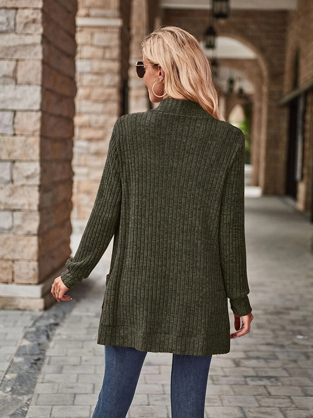 EB | Damen Gerippter Offener Vorderseite Strickjacke Lange Ärmeln Lässig Strickpullover mit Taschen