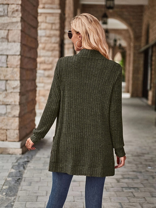 EB | Damen Gerippter Offener Vorderseite Strickjacke Lange Ärmeln Lässig Strickpullover mit Taschen