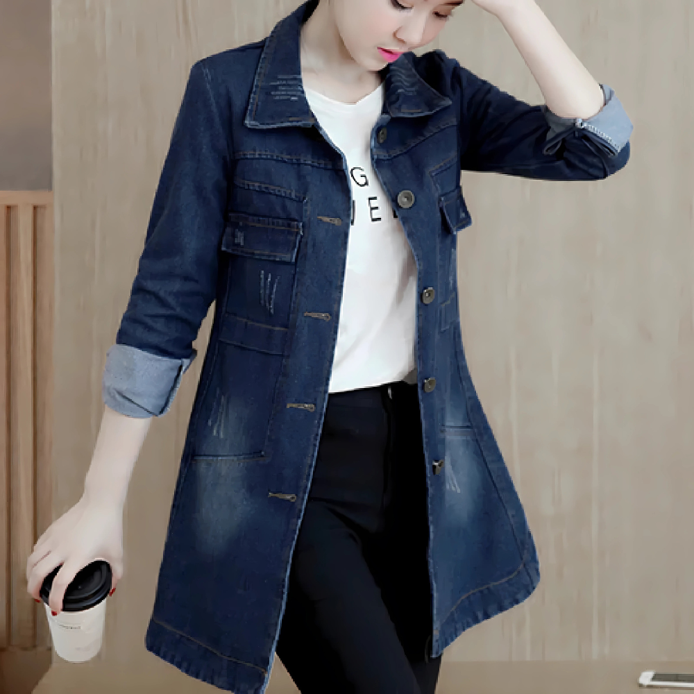 EB | Lange Jeansjacke für Frauen mit Stickdetails