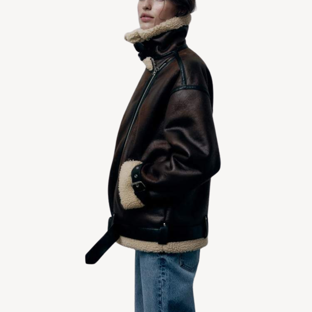 EB | Damen Faux Shearling Pilotenjacke Braun