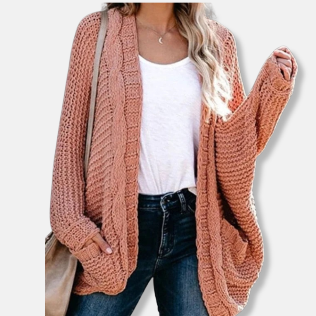 EB | Woll Übergroßer Cardigan Gerippter Offener Fronttaschen Cardigan