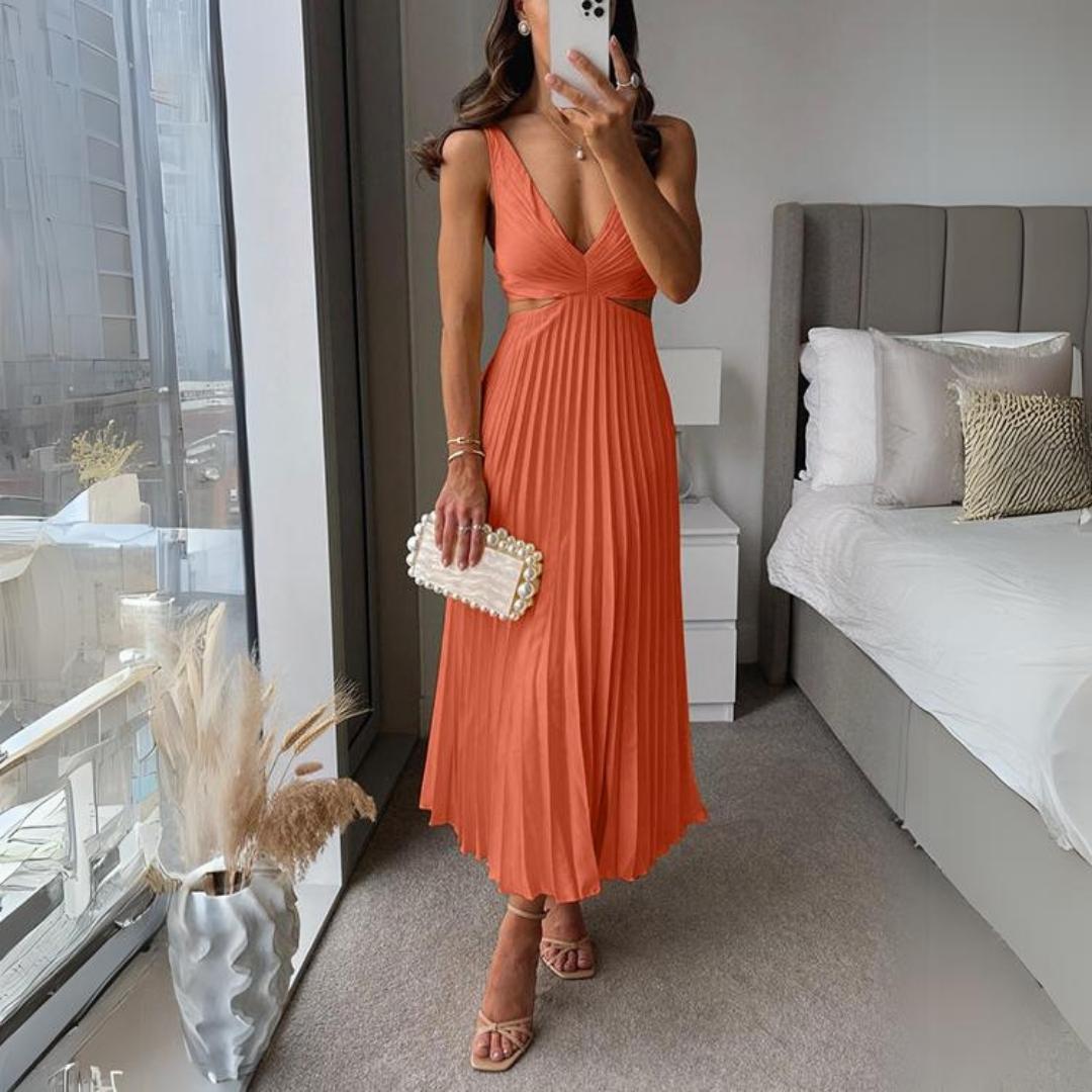 EB | Midi Kleid Ärmellos V-Ausschnitt Twist Front & Cut Out Detail Plissierter Rock