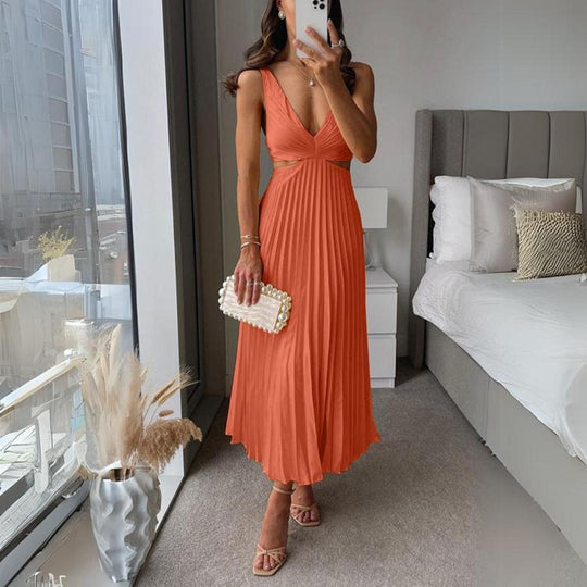 EB | Midi Kleid Ärmellos V-Ausschnitt Twist Front & Cut Out Detail Plissierter Rock