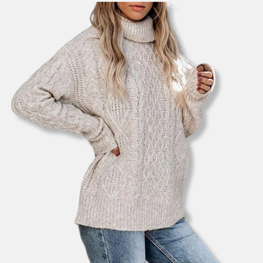 EB | Rollkragenpullover Kabelstrick Tunika-Längenpullover