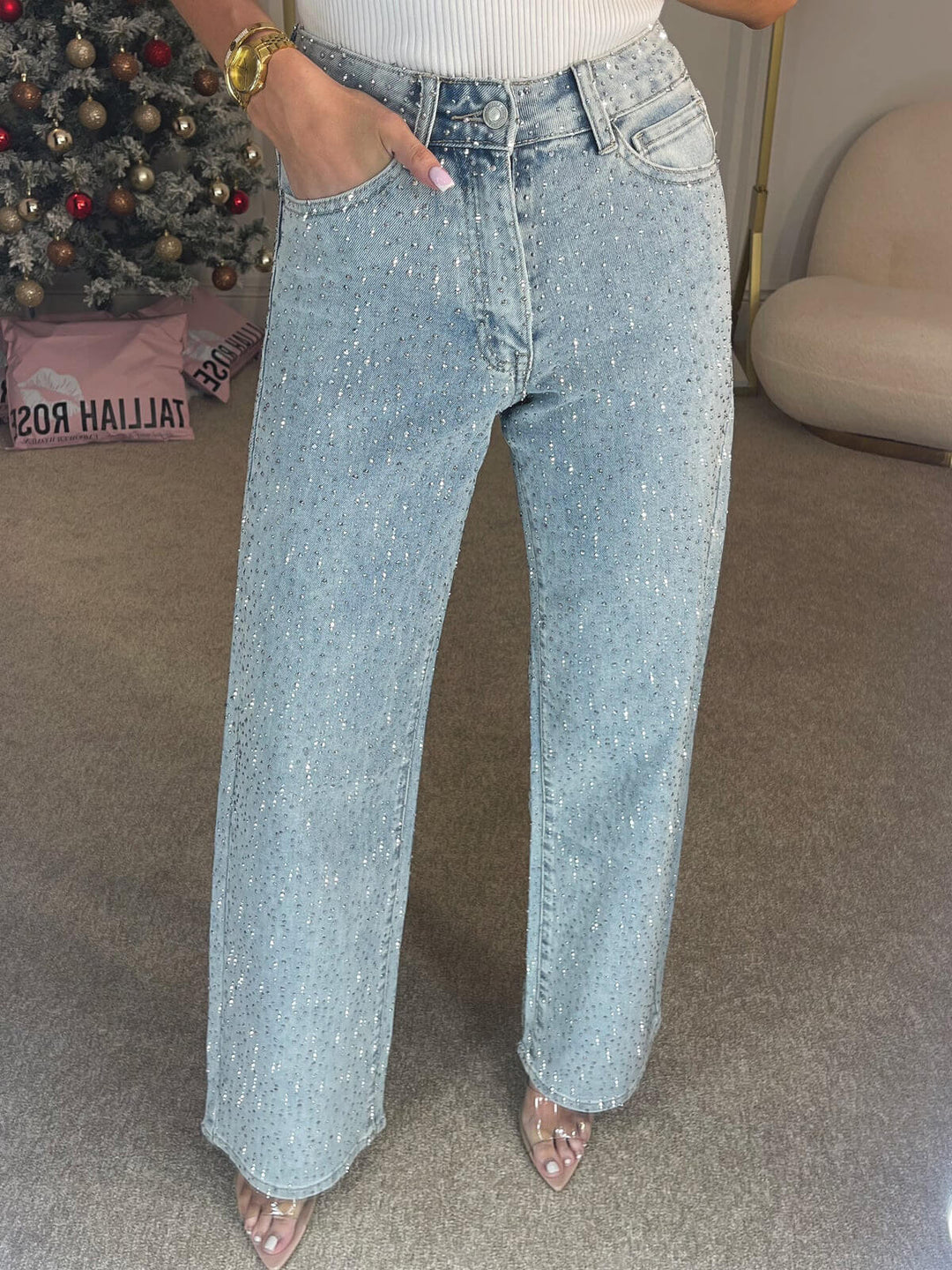 EB | Jeans mit Hoher Taille und Diamant Details