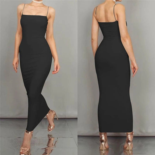EB | Bodycon Kleid Midi Länge Spaghettiträger Elegant und Figurbetont